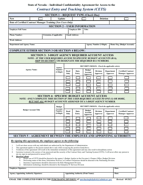 Individual Confidentiality Agreement for Access to the Contract Entry and Tracking System (Cets) - Nevada