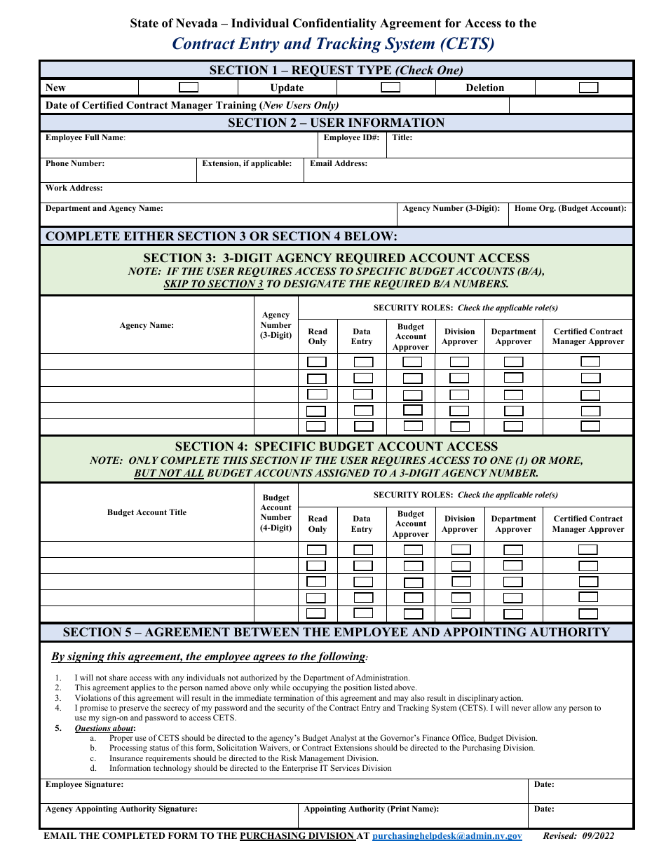 Individual Confidentiality Agreement for Access to the Contract Entry and Tracking System (Cets) - Nevada, Page 1