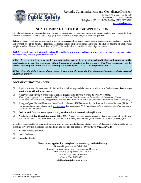 Form 0505RCCD-012 Non-criminal Justice (Civil) Application - Nevada