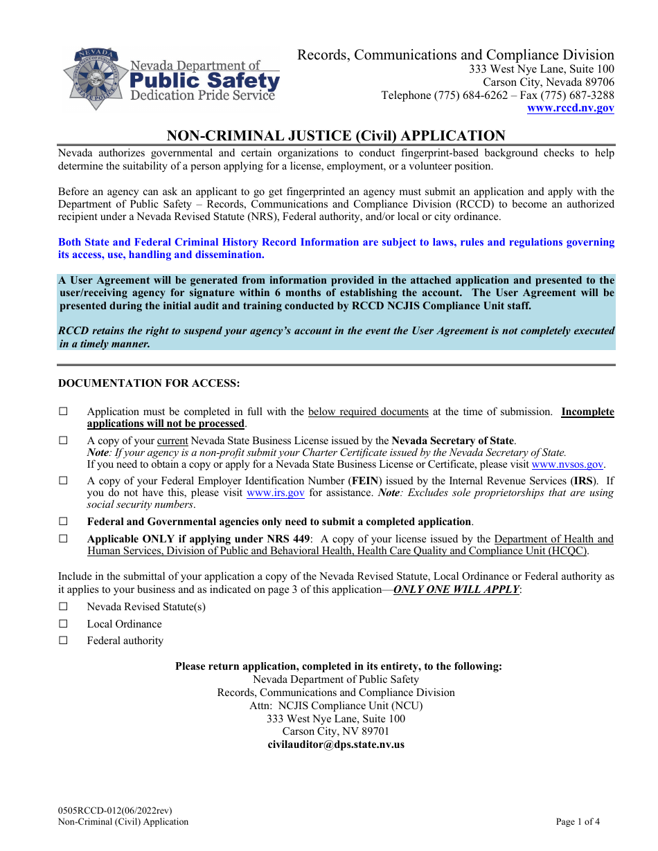 Form 0505RCCD-012 Non-criminal Justice (Civil) Application - Nevada, Page 1