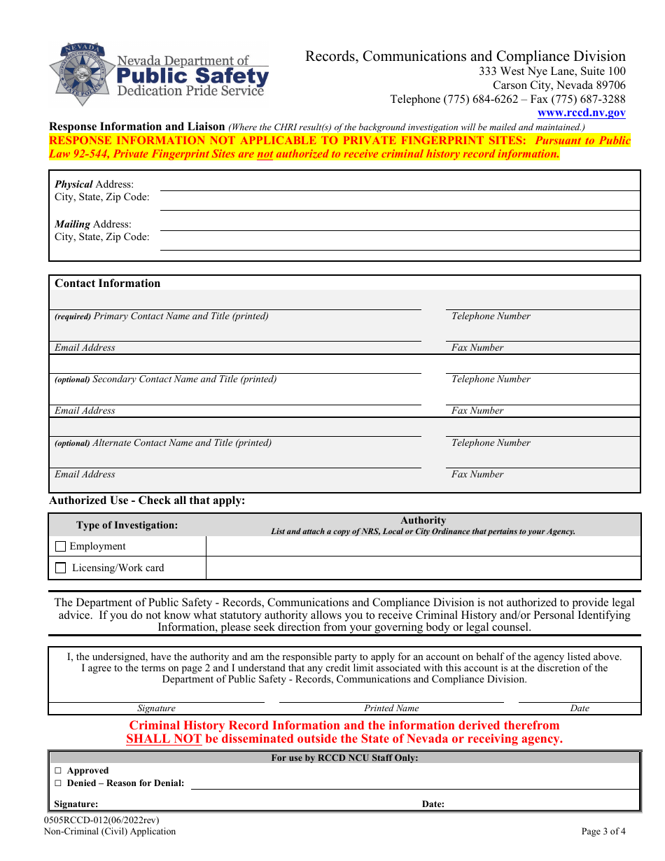 Form 0505RCCD-012 Non-criminal Justice (Civil) Application - Nevada, Page 3