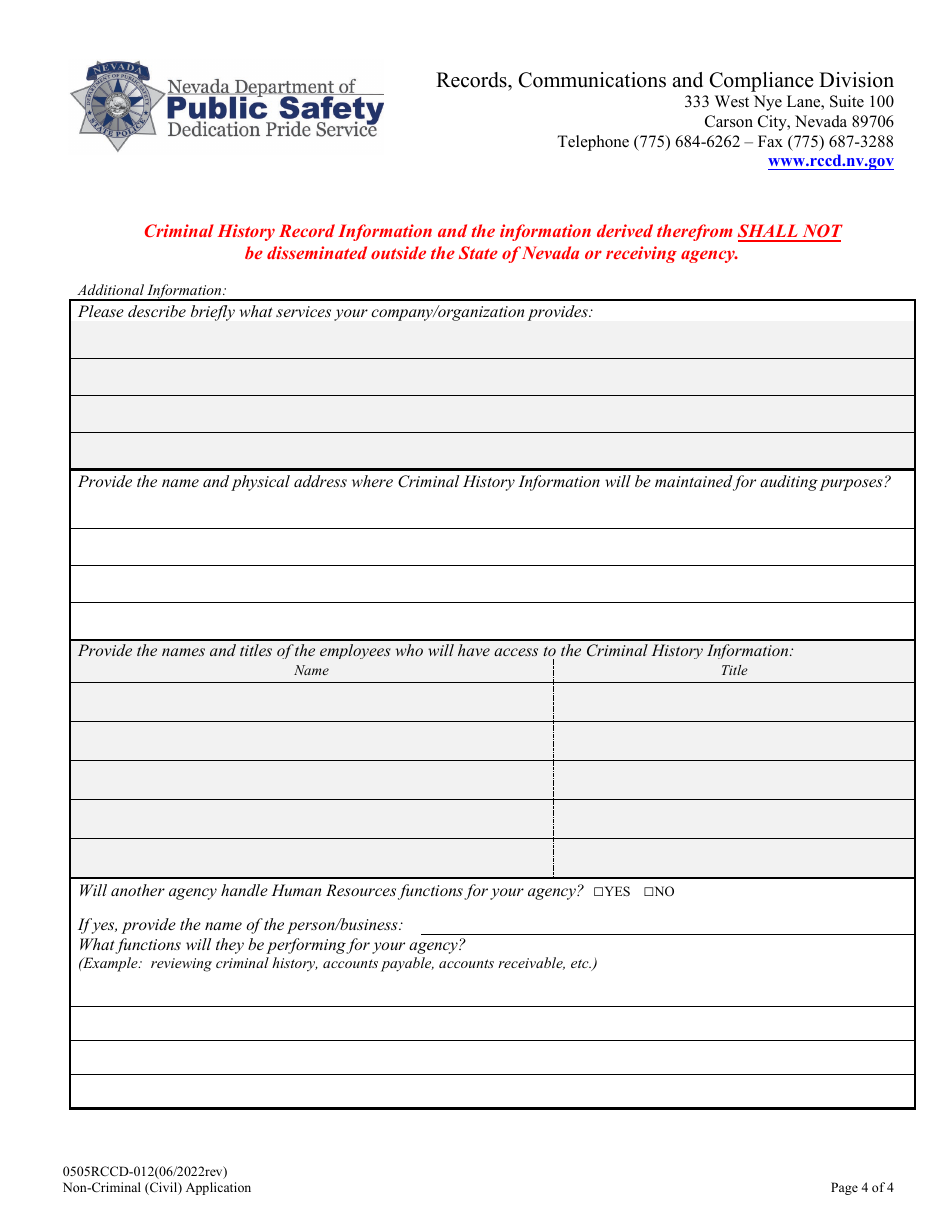 Form 0505RCCD-012 Non-criminal Justice (Civil) Application - Nevada, Page 4