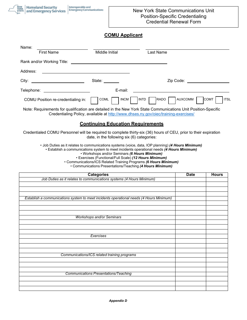 Appendix D Communications Unit Position-Specific Credentialing Credential Renewal Form - New York, Page 1