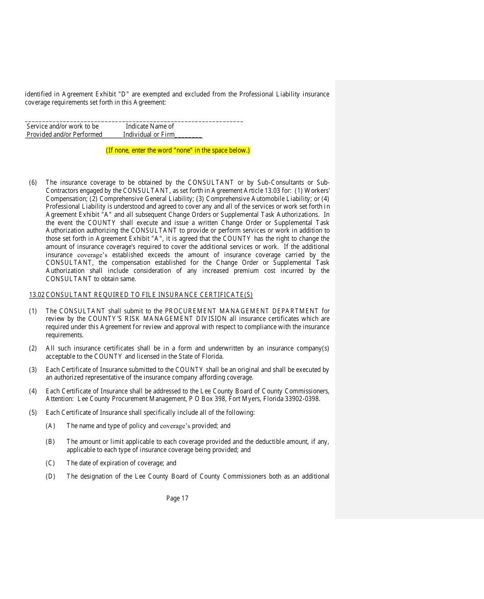 Professional Services Agreement - Lee County, Florida, Page 17