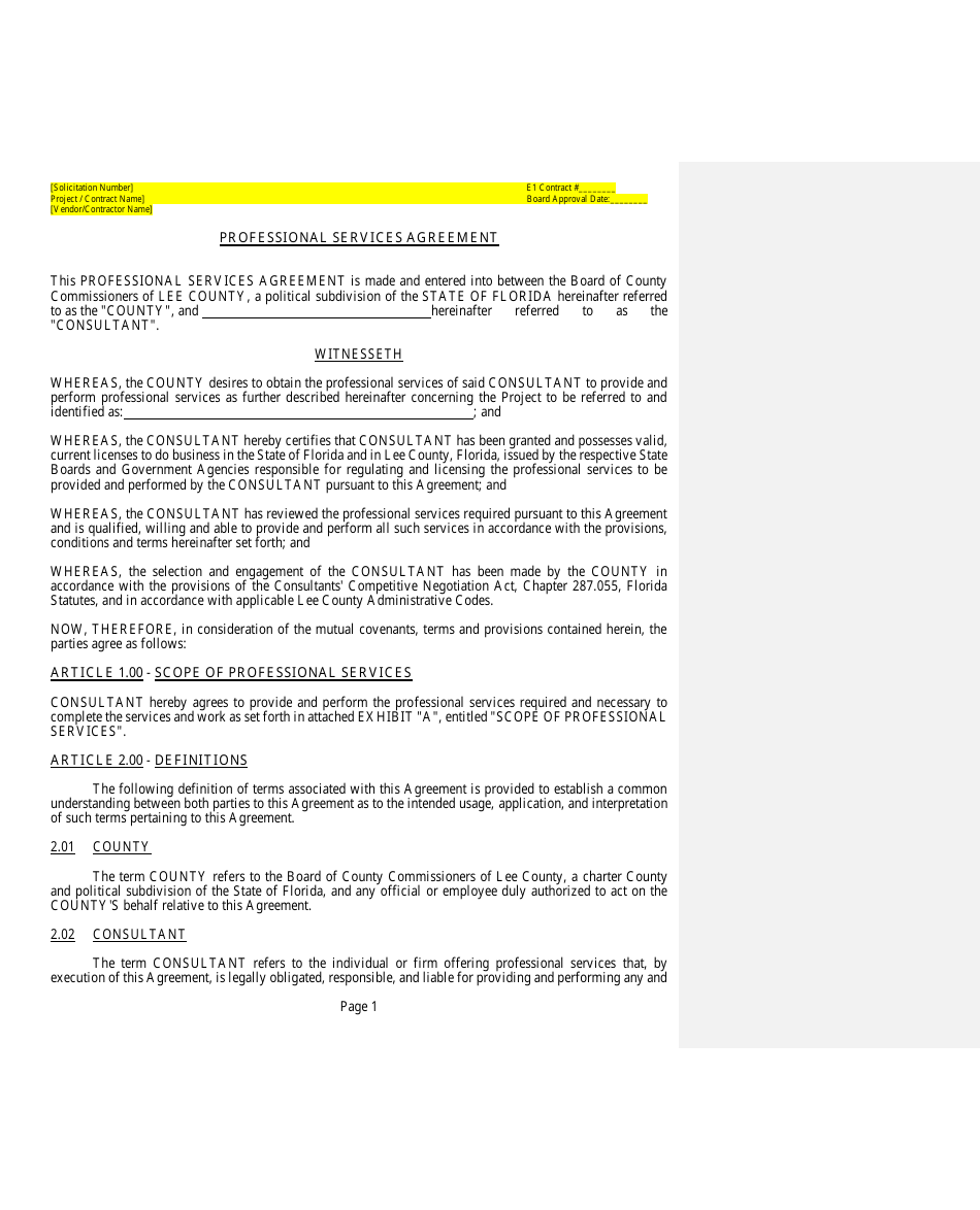 Professional Services Agreement - Lee County, Florida, Page 1