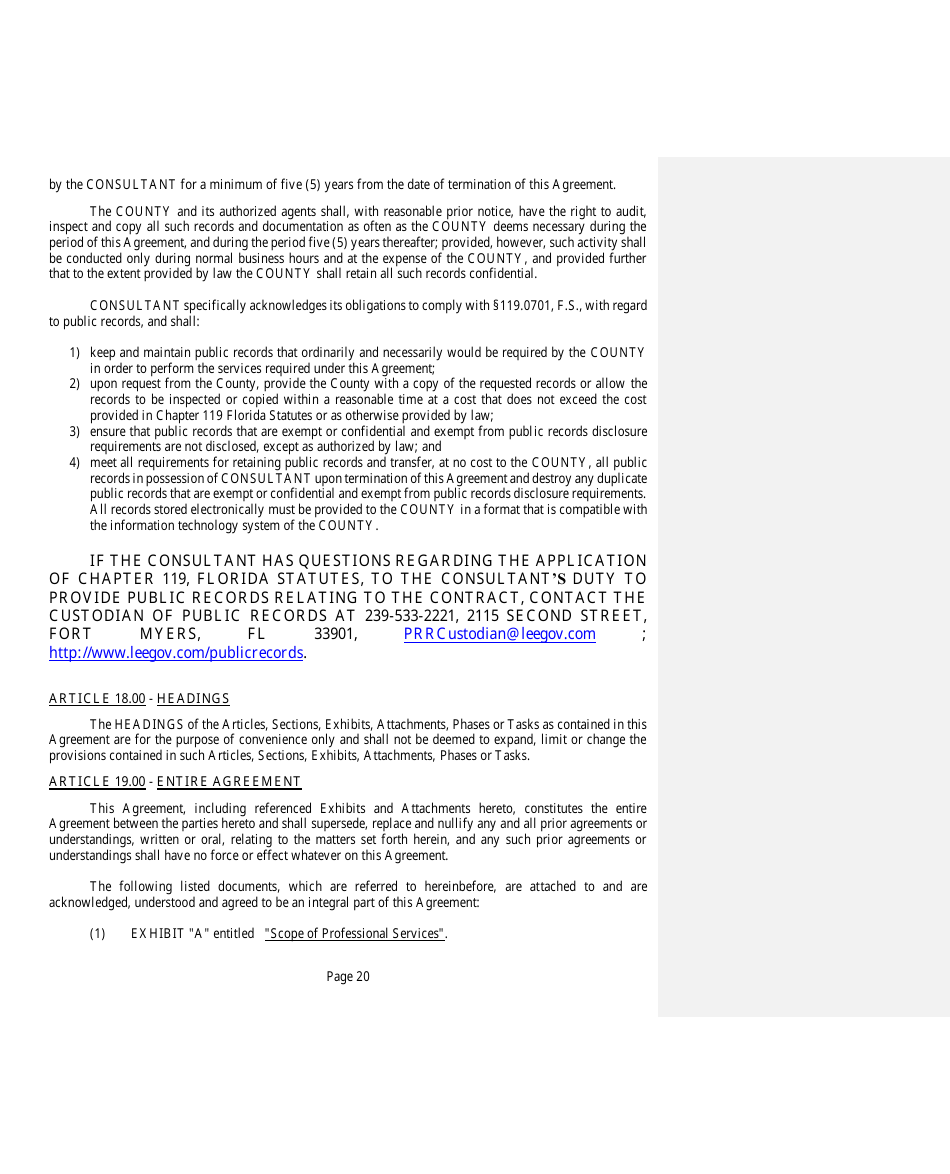 Professional Services Agreement - Lee County, Florida, Page 20