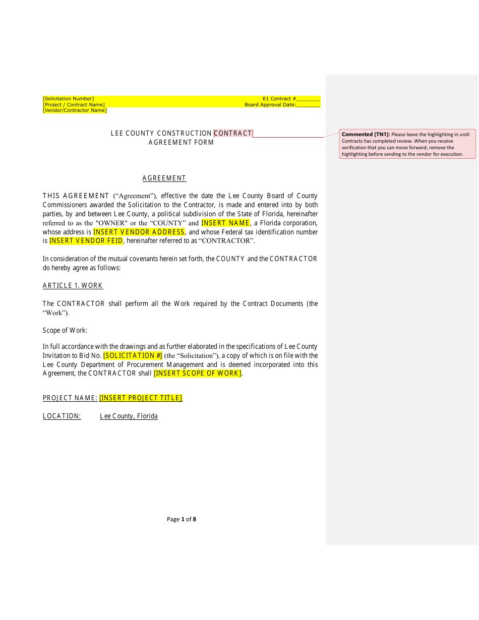 Lee County Construction Contract Agreement Form - Lee County, Florida, Page 1
