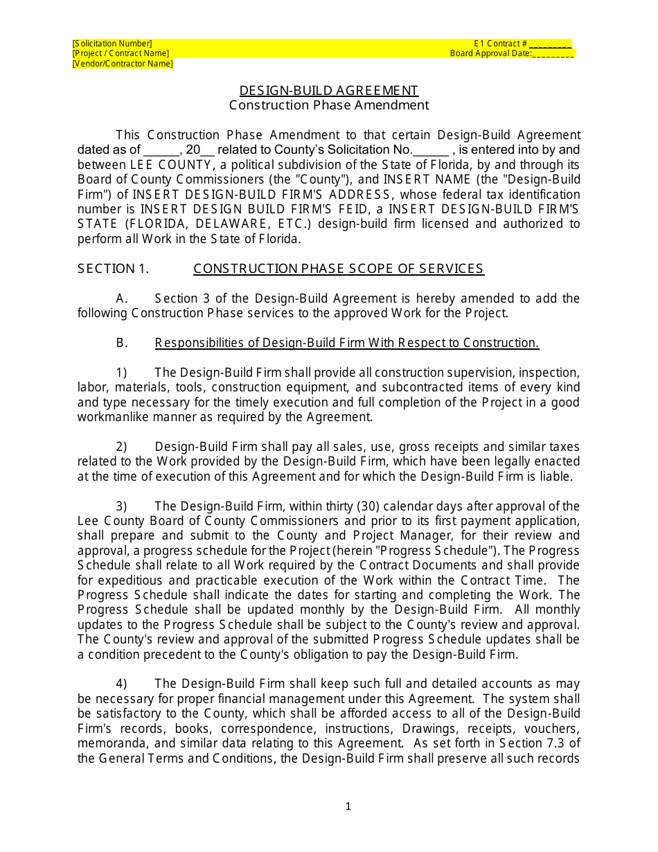 Design-Build Agreement Construction Phase Amendment - Lee County, Florida, Page 1