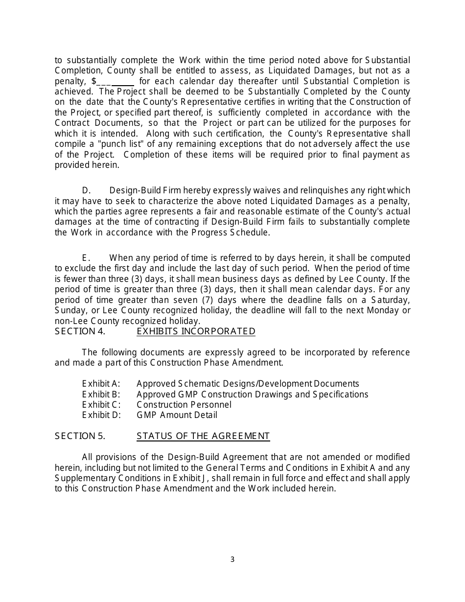 Design-Build Agreement Construction Phase Amendment - Lee County, Florida, Page 3