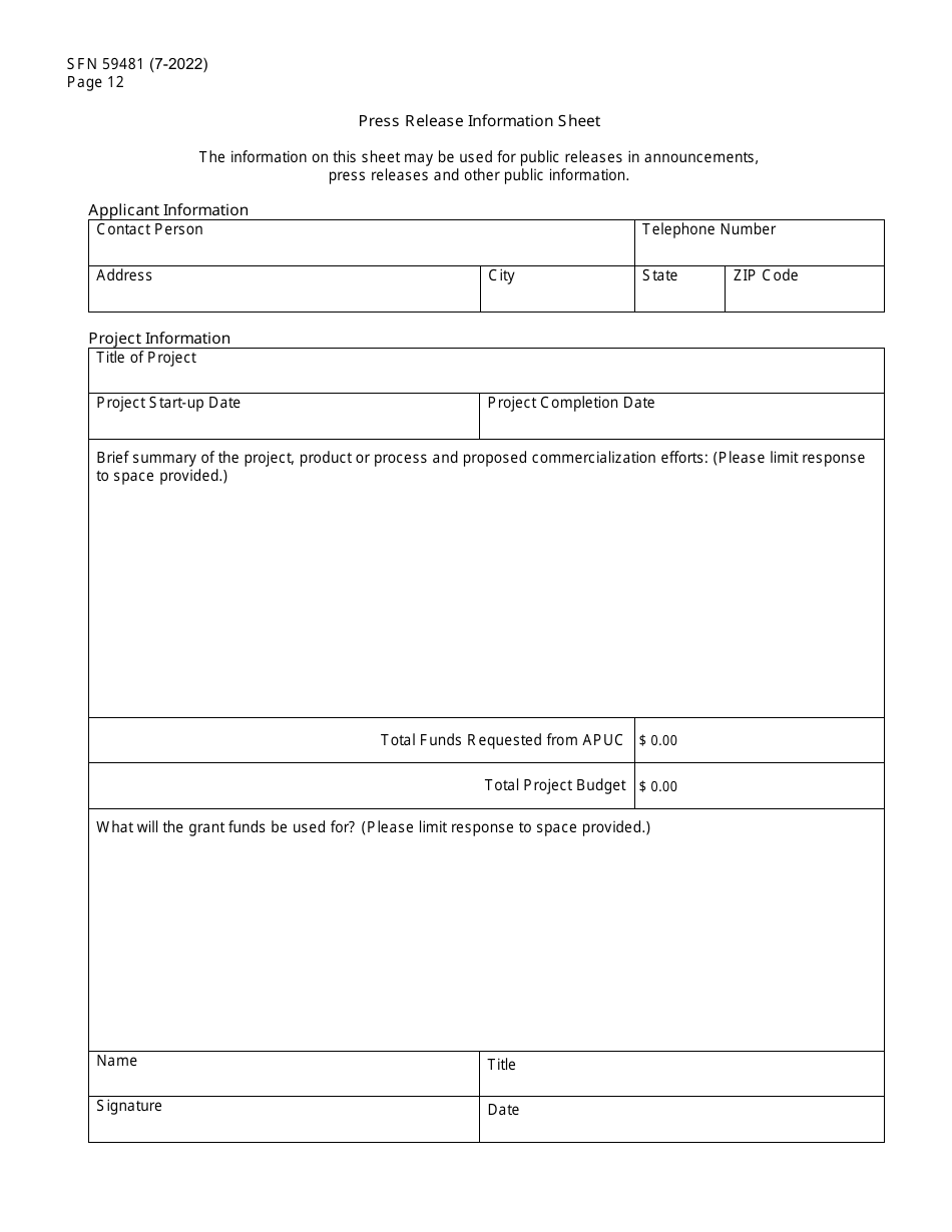 Form SFN59481 Agricultural Products Utilization Commission Grant Application - North Dakota, Page 12