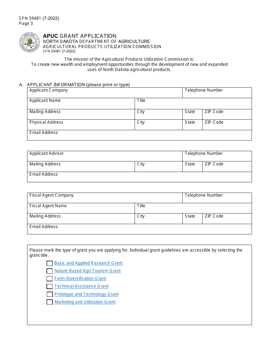 Form SFN59481 Agricultural Products Utilization Commission Grant Application - North Dakota, Page 3