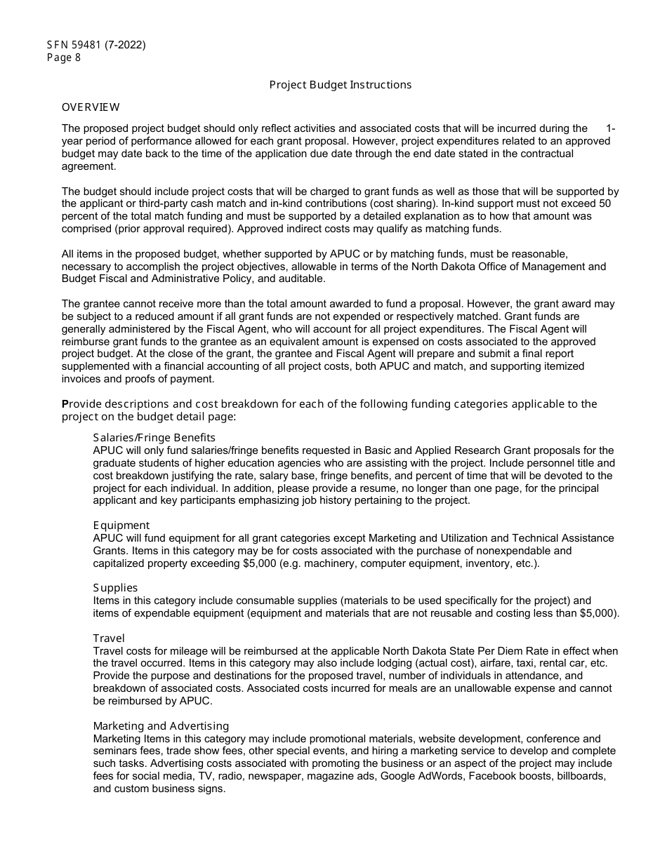 Form SFN59481 Agricultural Products Utilization Commission Grant Application - North Dakota, Page 8