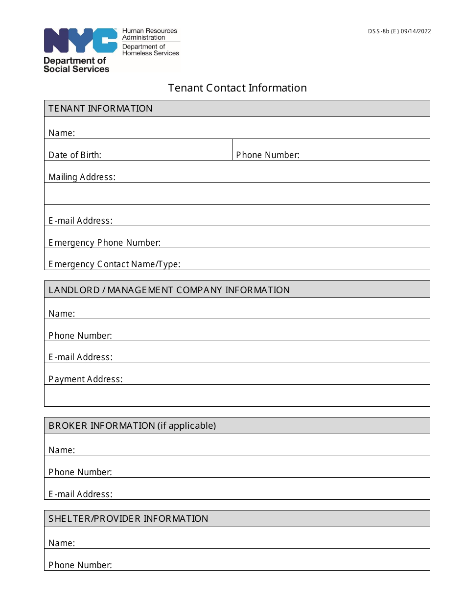 Form DSS-8B Tenant Contact Information - New York City, Page 1