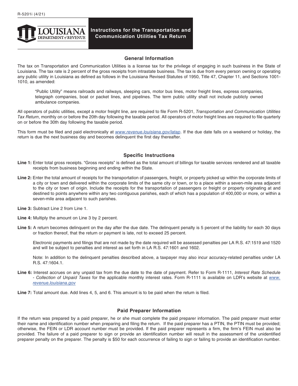 Instructions for Form R-5201 Transportation and Communication Utilities Tax Return - Louisiana, Page 1