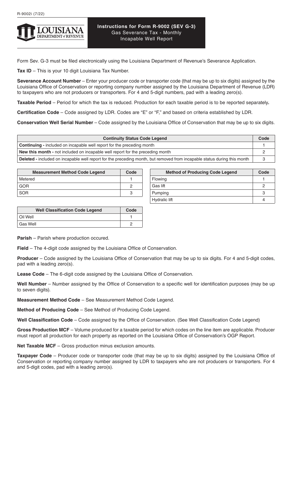 Instructions for Form R-9002, SEV G-3 Gas Severance Tax - Monthly Incapable Well Report - Louisiana, Page 1