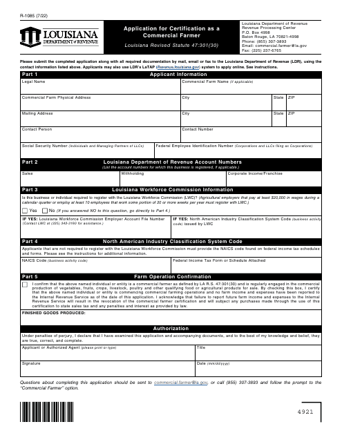 Form R-1085 Application for Certification as a Commercial Farmer - Louisiana