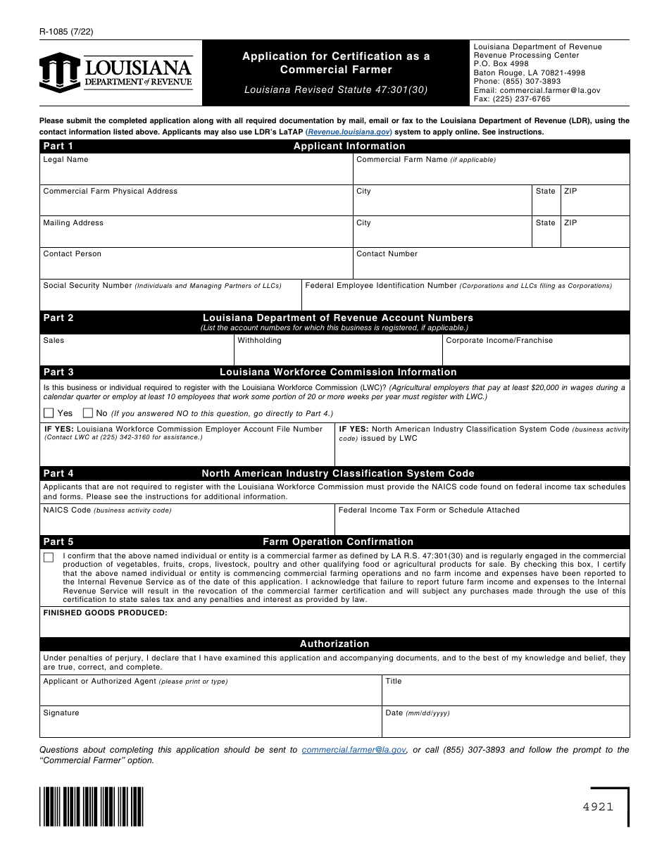 Form R-1085 Application for Certification as a Commercial Farmer - Louisiana, Page 1