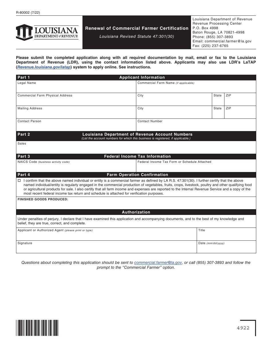 Form R-80002 Renewal of Commercial Farmer Certification - Louisiana, Page 1