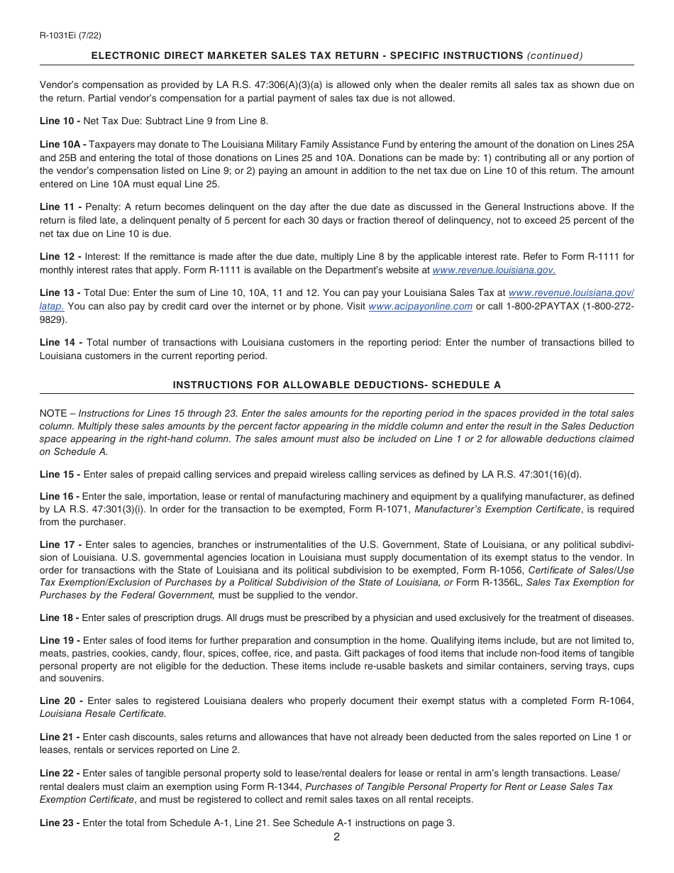 Instructions for Form R-1031E Electronic Direct Marketer Sales Tax Return - Louisiana, Page 2