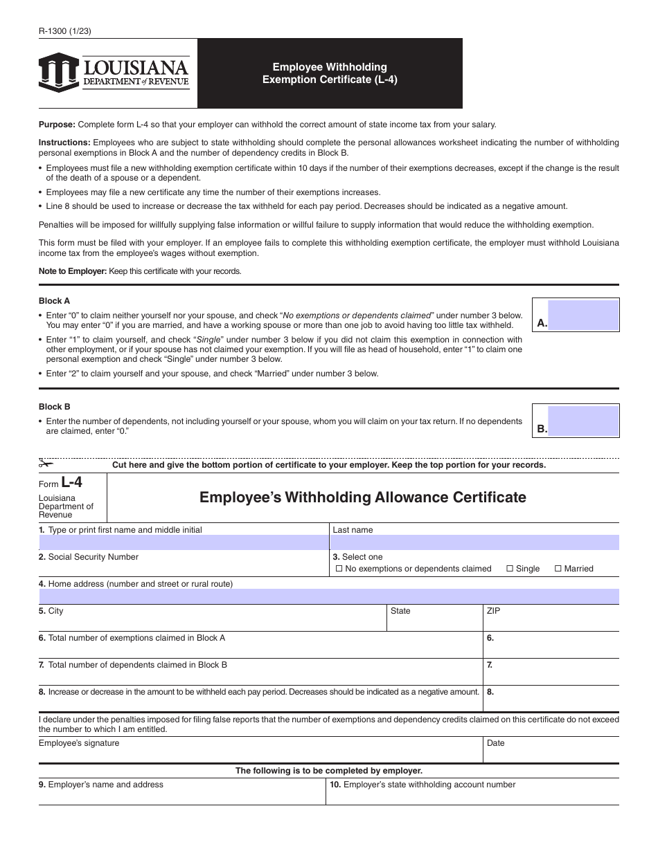 Form R-1300 (L-4) Employee Withholding Exemption Certificate - Louisiana, Page 1