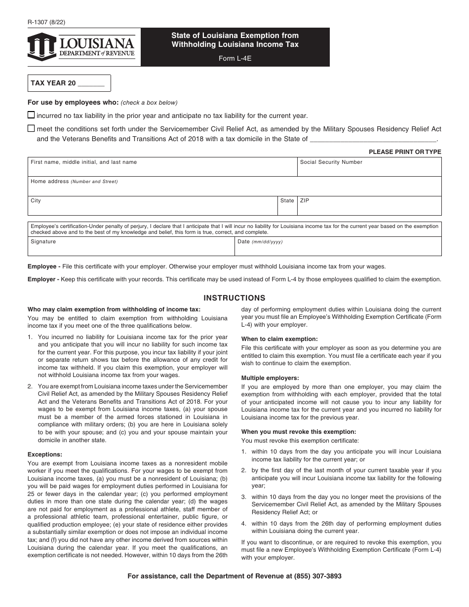 Form R-1307 (L-4E) State of Louisiana Exemption From Withholding Louisiana Income Tax - Louisiana, Page 1