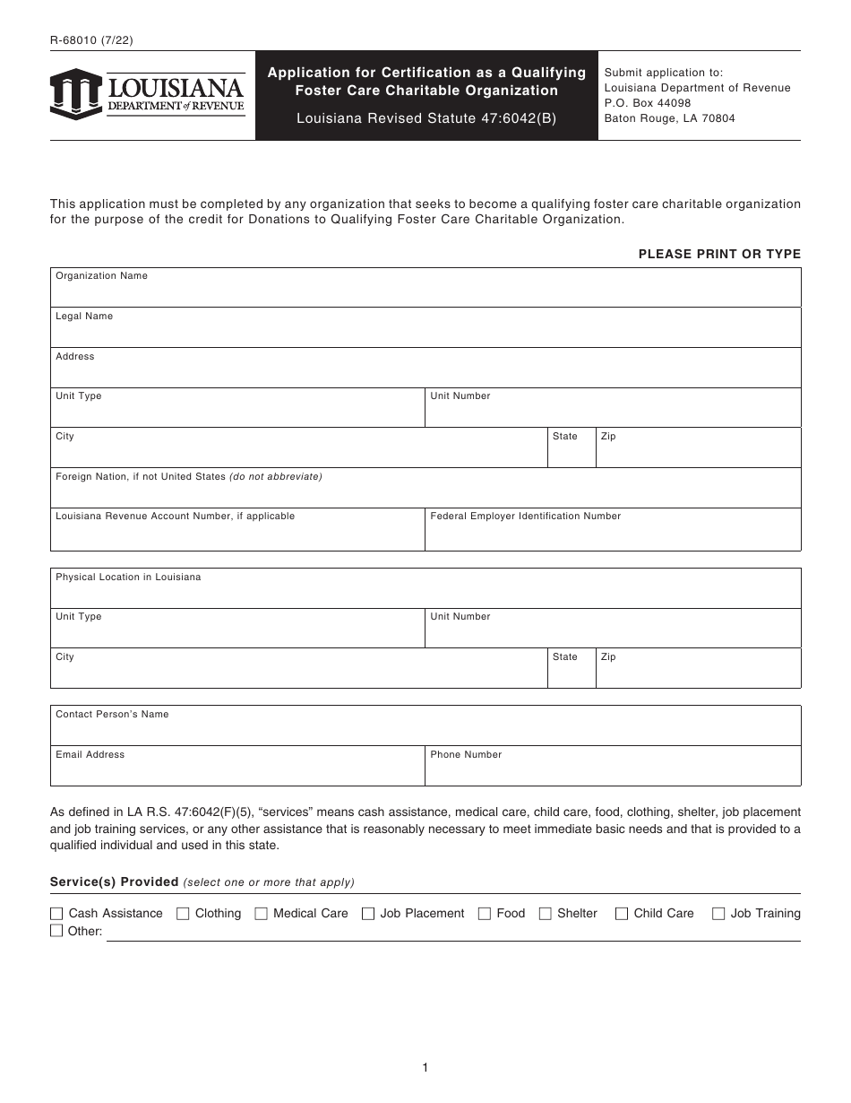 Form R-68010 Application for Certification as a Qualifying Foster Care Charitable Organization - Louisiana, Page 1