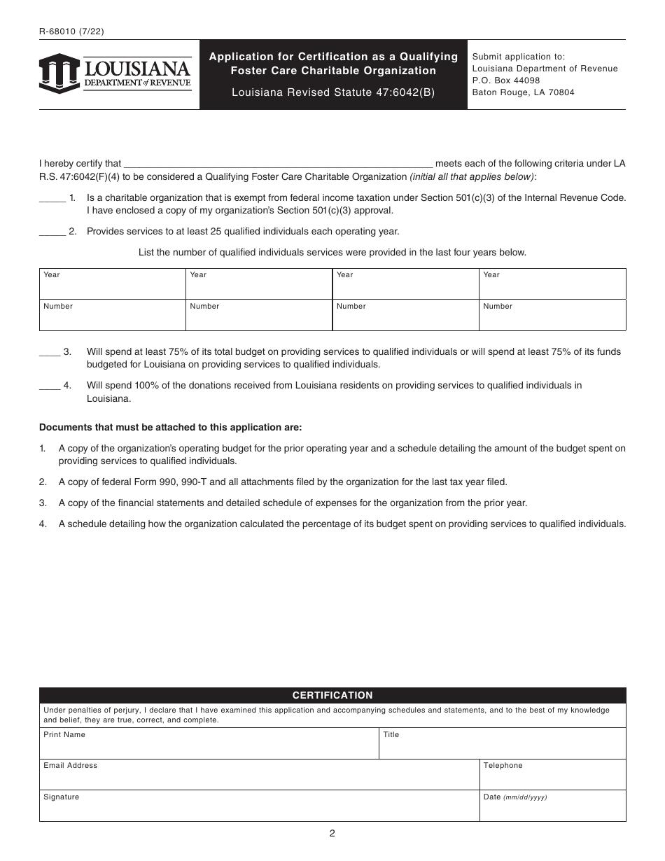 Form R-68010 Application for Certification as a Qualifying Foster Care Charitable Organization - Louisiana, Page 2