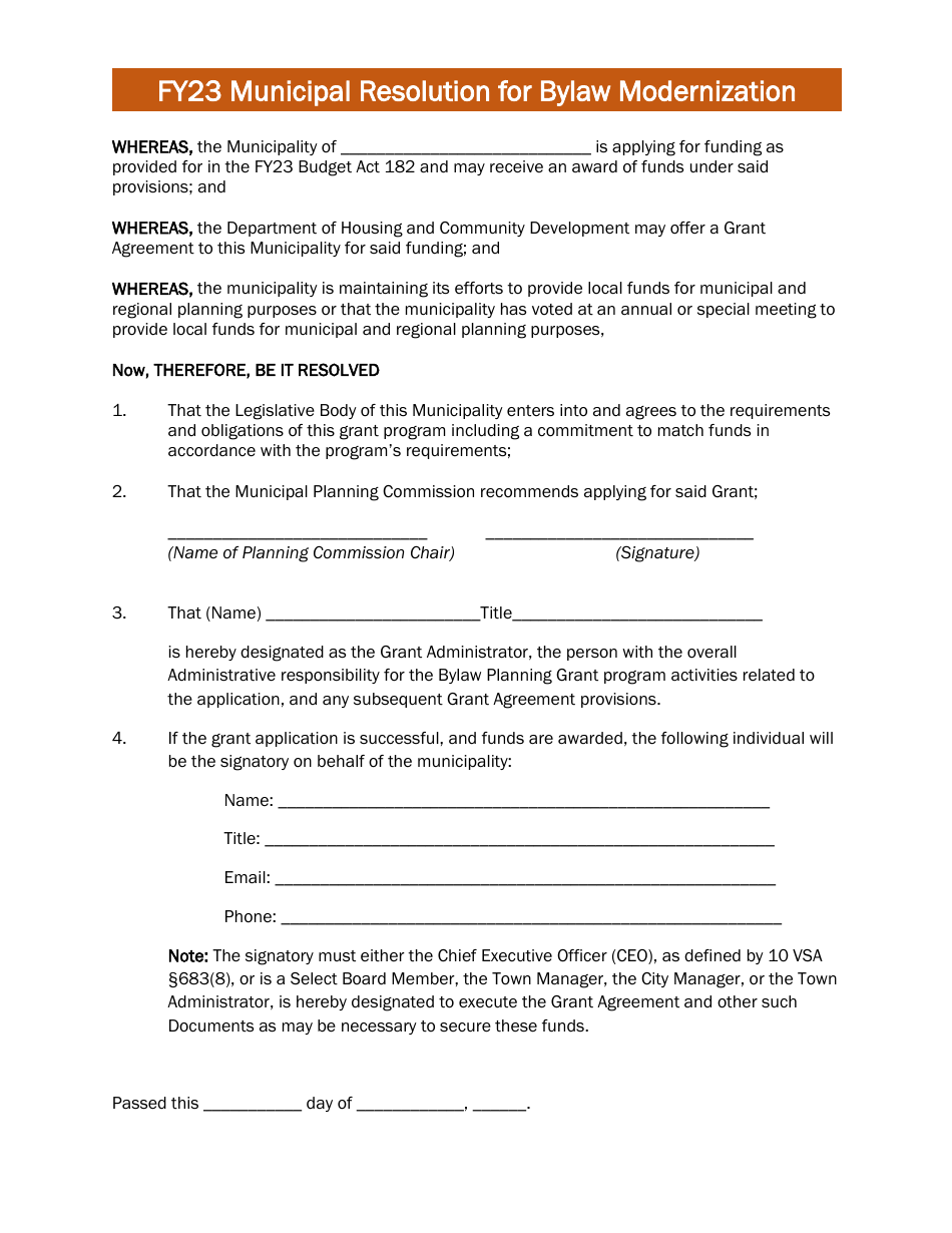 2023 Vermont Municipal Resolution for Bylaw Modernization Fill Out