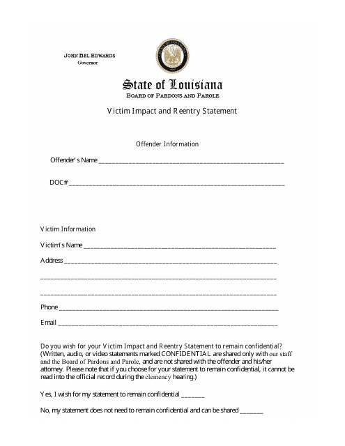 Clemency Victim Impact and Reentry Statement - Louisiana Download Pdf