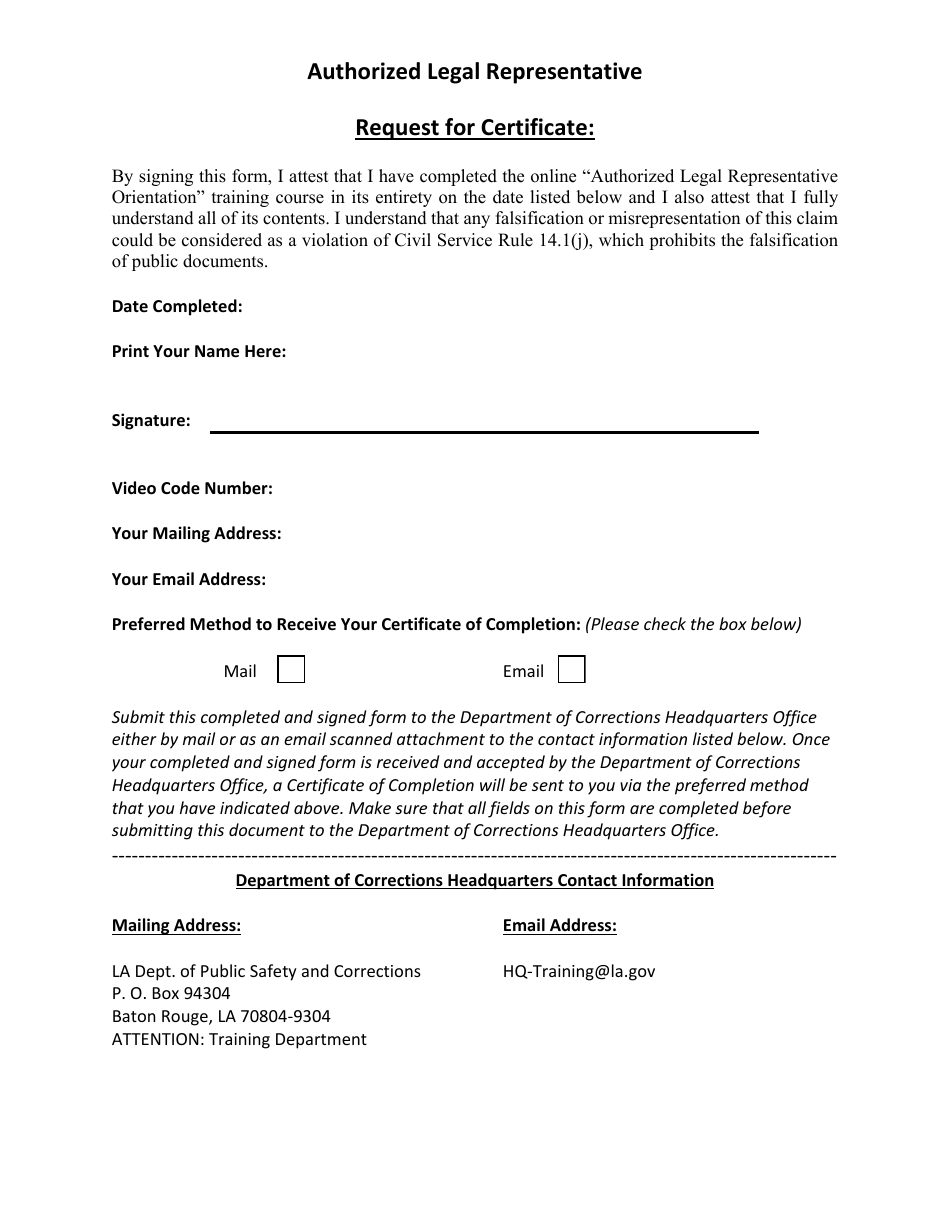 Authorized Legal Representative Request for Certificate - Louisiana, Page 1