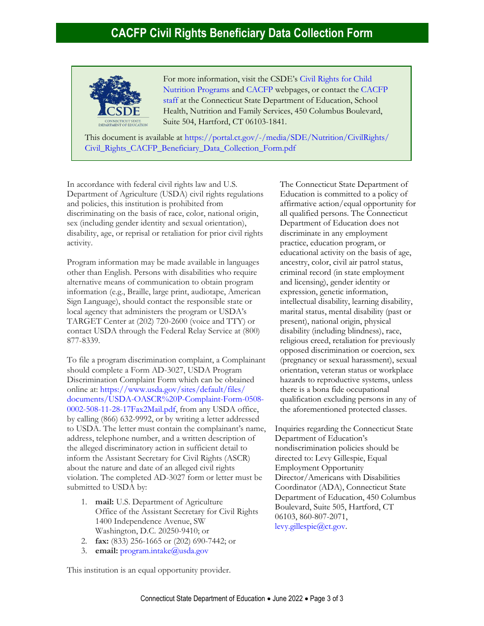 CACFP Civil Rights Beneficiary Data Collection Form - Connecticut, Page 3