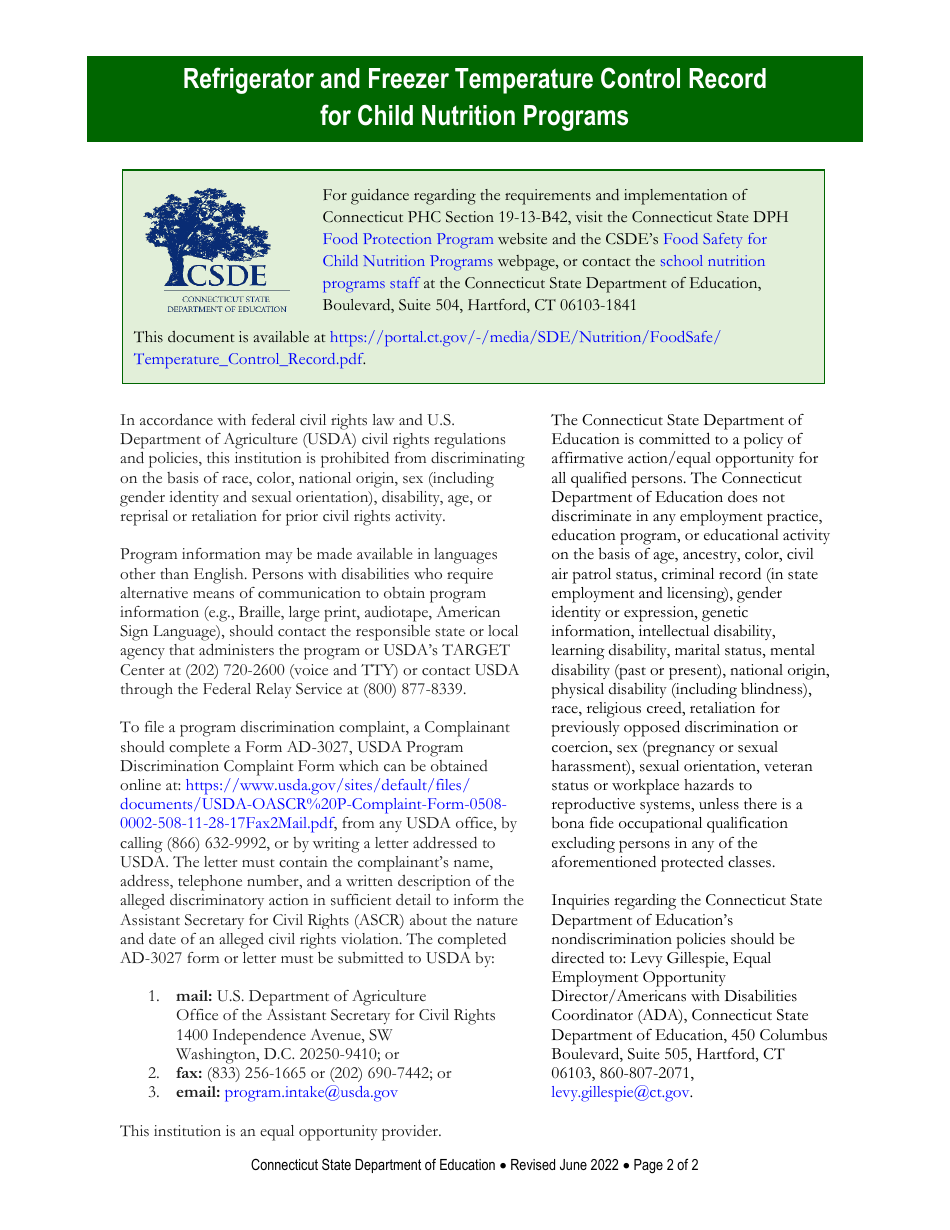Refrigerator and Freezer Temperature Control Record for Child Nutrition Programs - Connecticut, Page 2