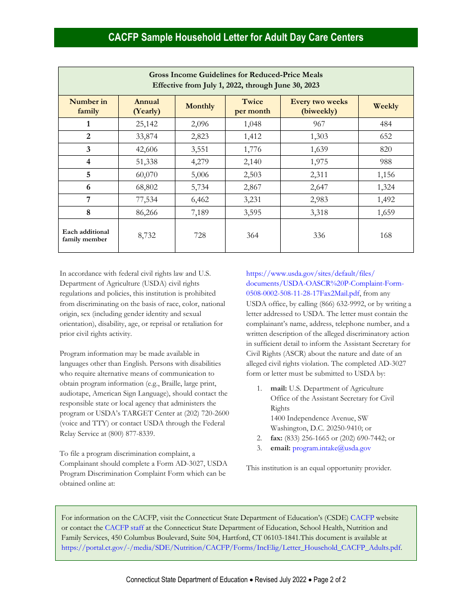 CACFP Sample Household Letter for Adult Day Care Centers - Connecticut, Page 2