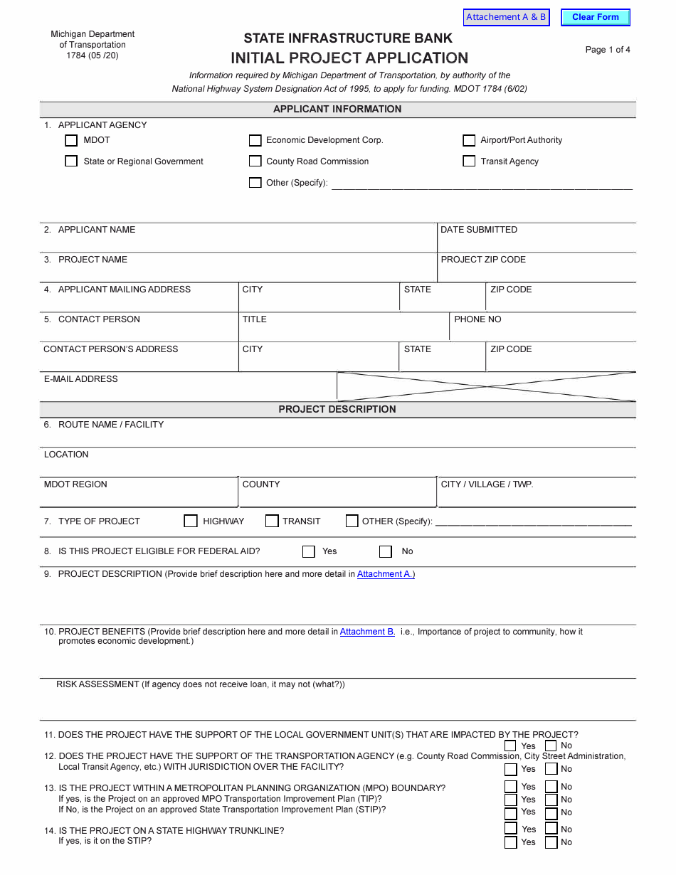 Form 1784 State Infrastructure Bank Initial Project Application - Michigan, Page 1