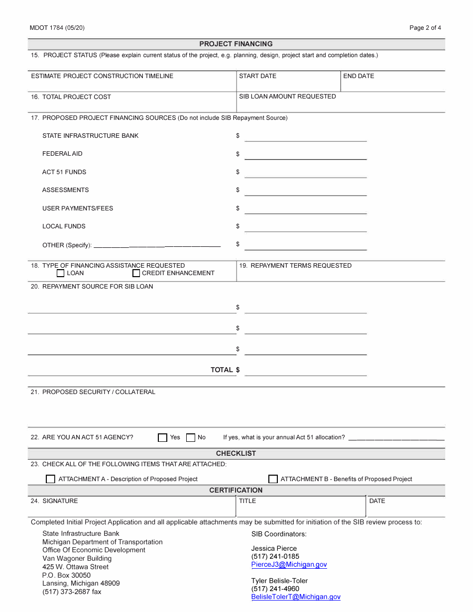 Form 1784 State Infrastructure Bank Initial Project Application - Michigan, Page 2