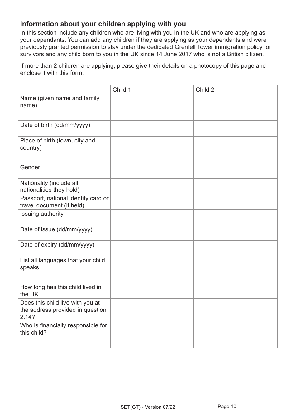 Form SET(GT) Application for Settlement for a Person Granted Limited Leave Under the Dedicated Grenfell Immigration Policy for Survivors - United Kingdom, Page 10