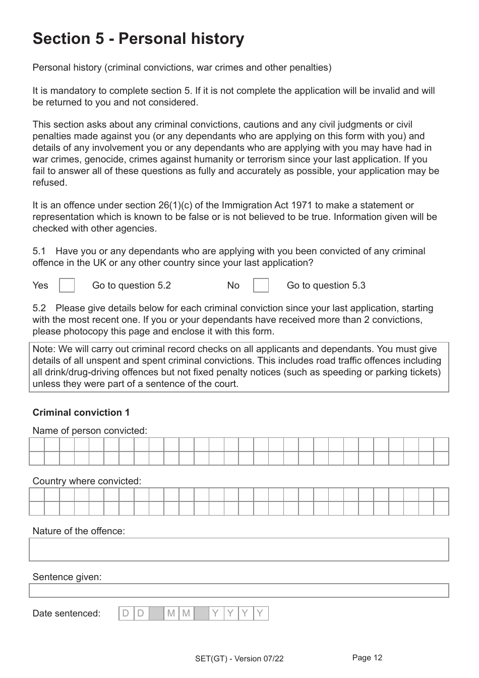 Form SET(GT) Application for Settlement for a Person Granted Limited Leave Under the Dedicated Grenfell Immigration Policy for Survivors - United Kingdom, Page 12