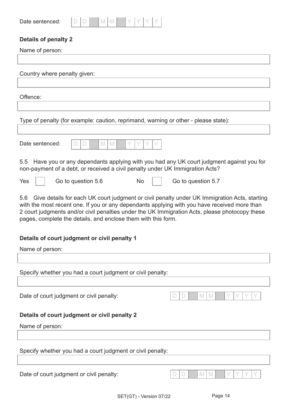 Form SET(GT) Application for Settlement for a Person Granted Limited Leave Under the Dedicated Grenfell Immigration Policy for Survivors - United Kingdom, Page 14