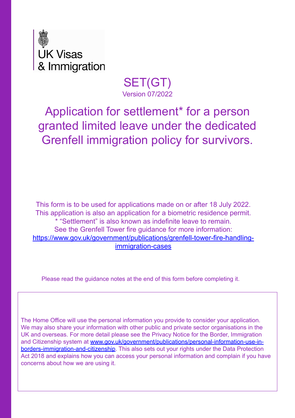 Form SET(GT) Application for Settlement for a Person Granted Limited Leave Under the Dedicated Grenfell Immigration Policy for Survivors - United Kingdom, Page 1