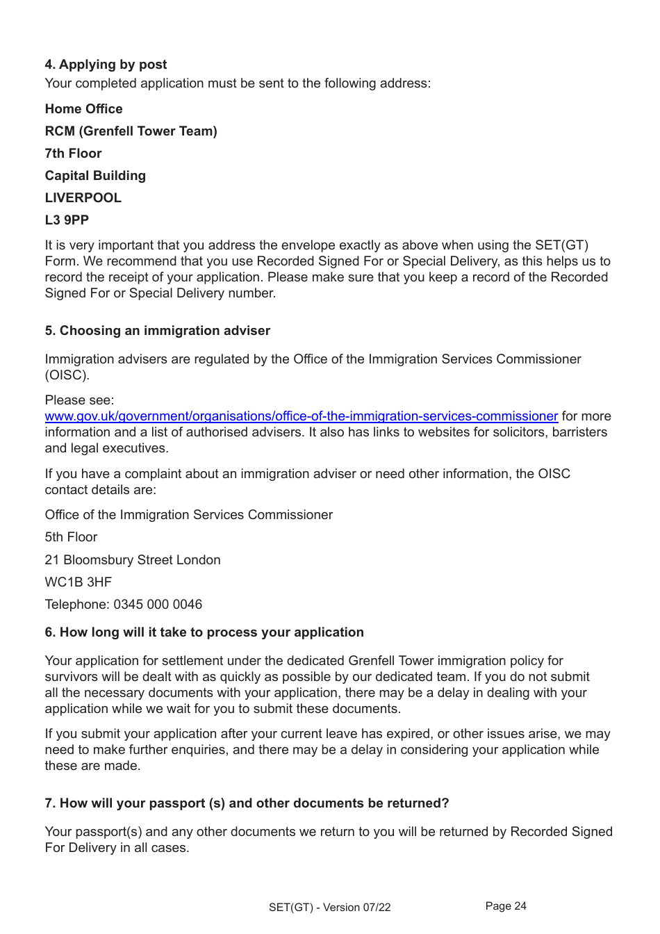 Form SET(GT) Application for Settlement for a Person Granted Limited Leave Under the Dedicated Grenfell Immigration Policy for Survivors - United Kingdom, Page 24
