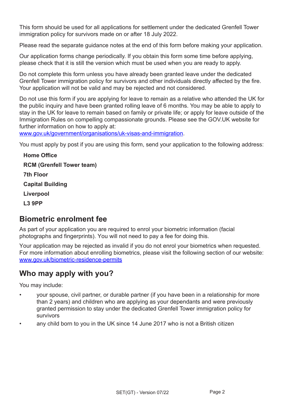 Form SET(GT) Application for Settlement for a Person Granted Limited Leave Under the Dedicated Grenfell Immigration Policy for Survivors - United Kingdom, Page 2