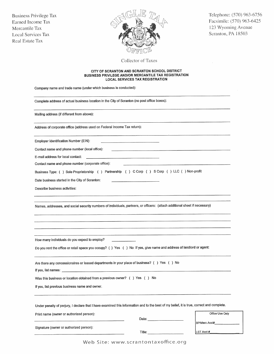 Business Privilege and / or Mercantile Tax Registration / Local Services Tax Registration - City of Scranton, Pennsylvania, Page 1