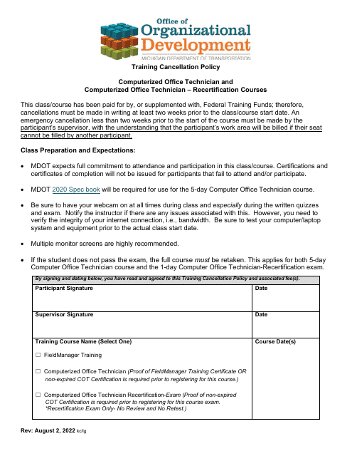 Computerized Office Technician & Office Technician - Recertification Cancellation Policy - Michigan Download Pdf