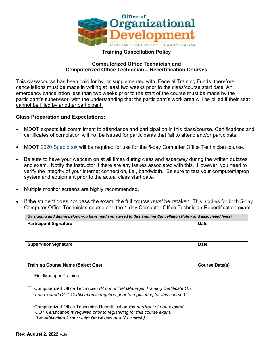 Computerized Office Technician  Office Technician - Recertification Cancellation Policy - Michigan, Page 1