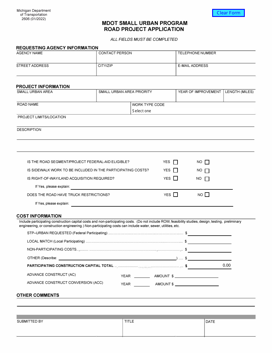 Form 2606 Road Project Application - Mdot Small Urban Program - Michigan, Page 1