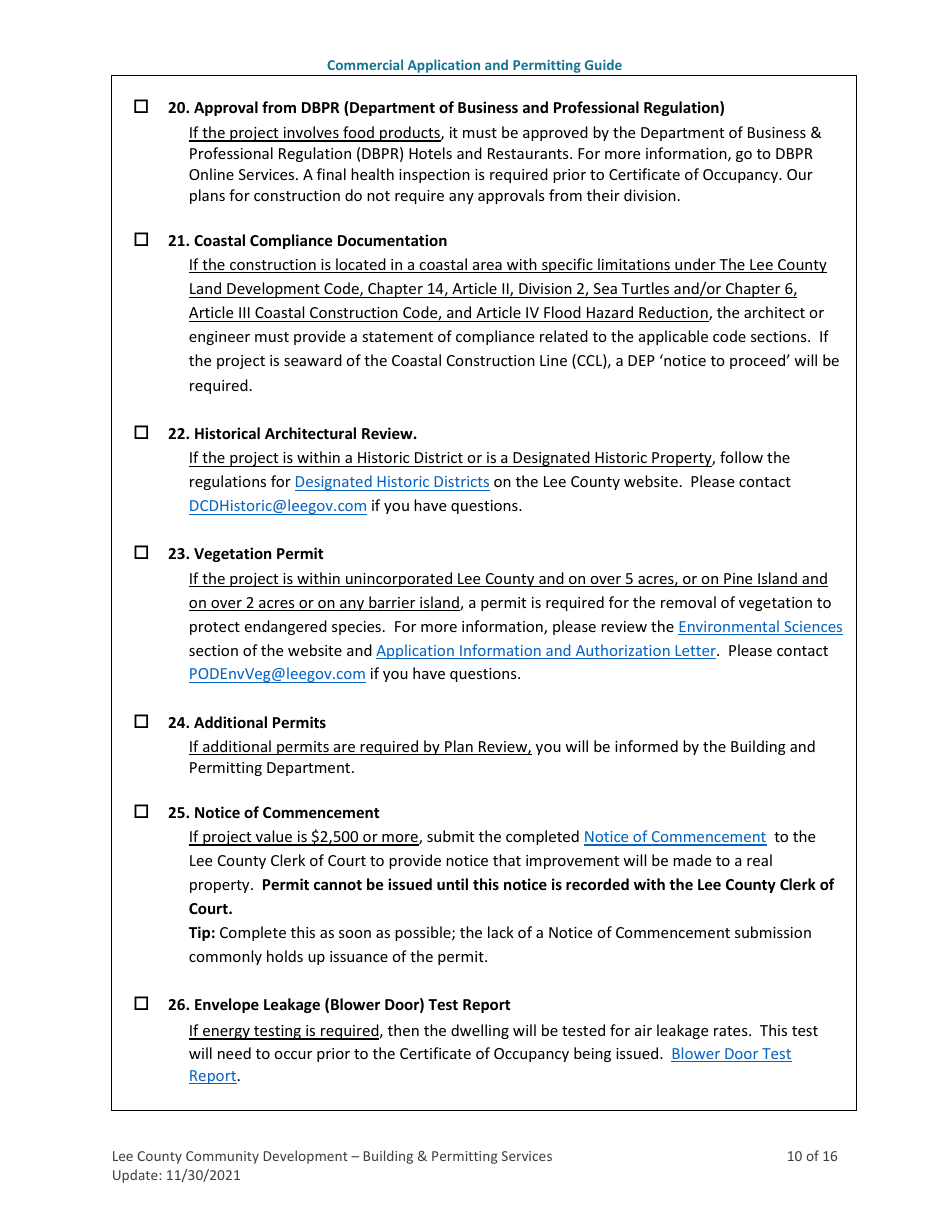 Commercial Building (New Construction, Alterations / Remodeling, Additions, Accessory Structures, and Modular) Application and Permitting Guide - Lee County, Florida, Page 10