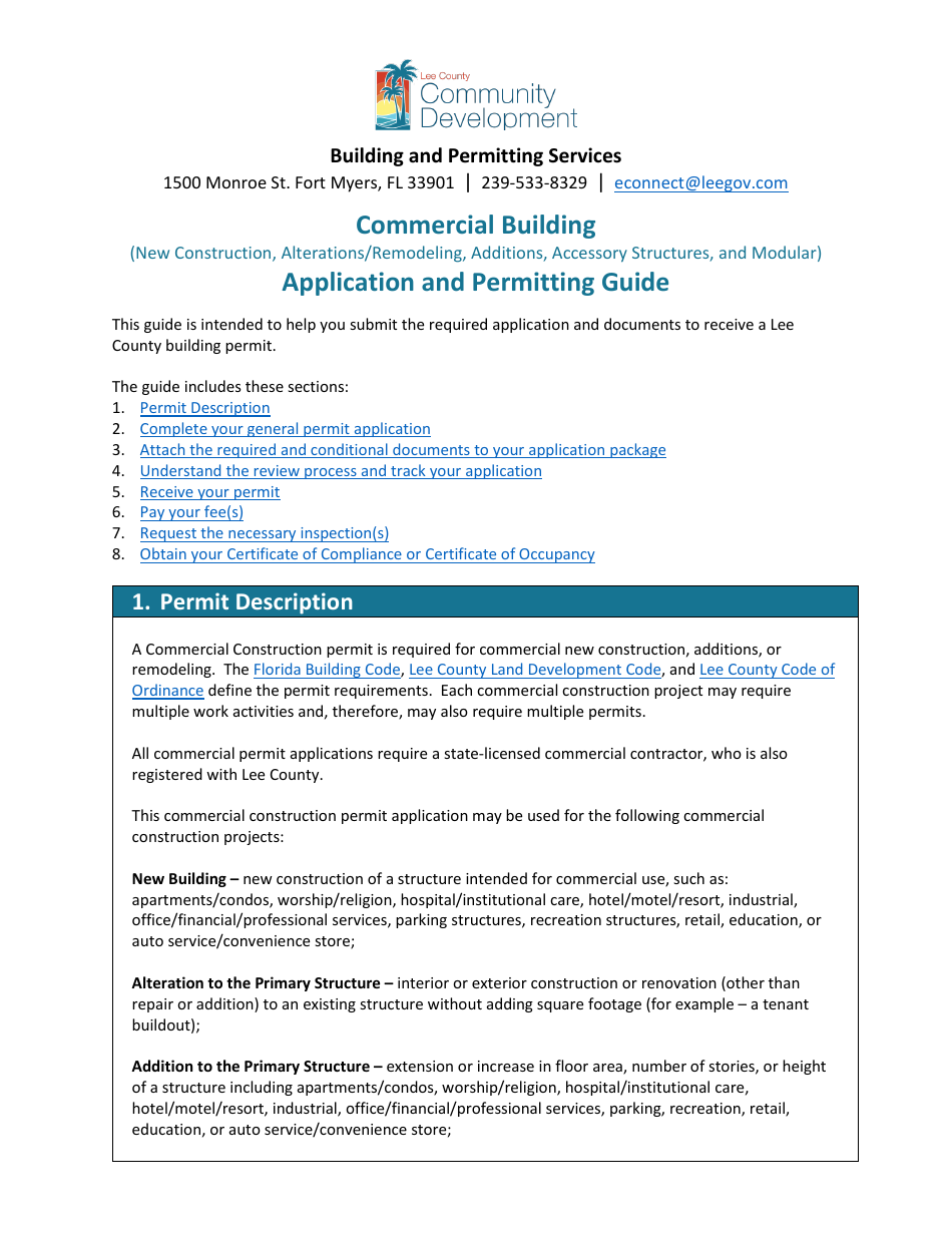 Commercial Building (New Construction, Alterations / Remodeling, Additions, Accessory Structures, and Modular) Application and Permitting Guide - Lee County, Florida, Page 1