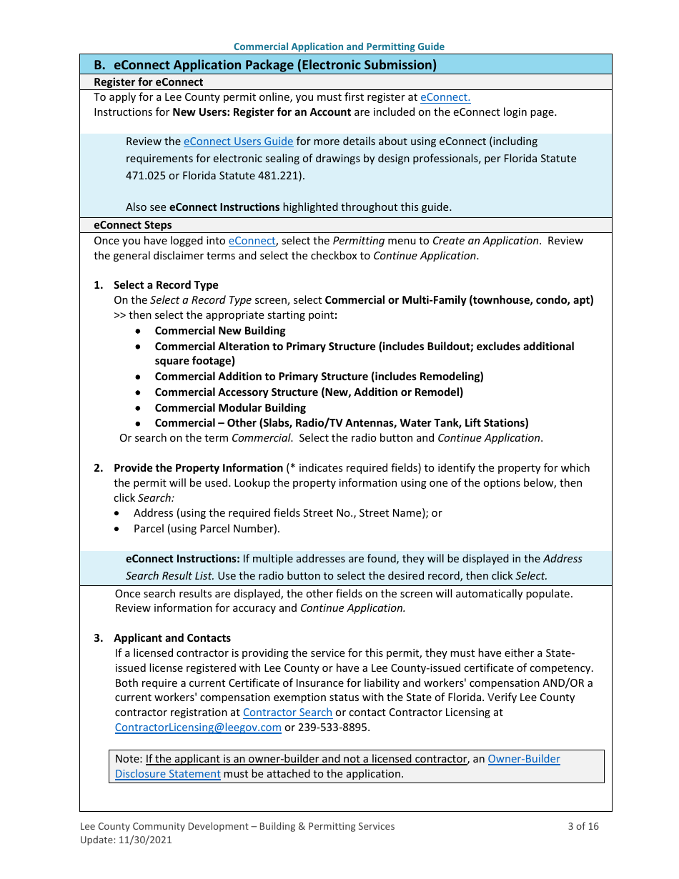 Commercial Building (New Construction, Alterations / Remodeling, Additions, Accessory Structures, and Modular) Application and Permitting Guide - Lee County, Florida, Page 3