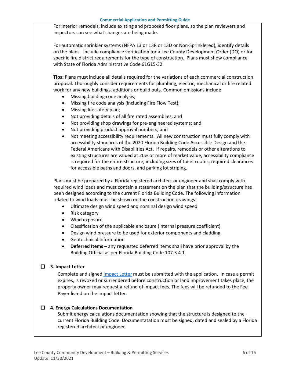 Commercial Building (New Construction, Alterations / Remodeling, Additions, Accessory Structures, and Modular) Application and Permitting Guide - Lee County, Florida, Page 6
