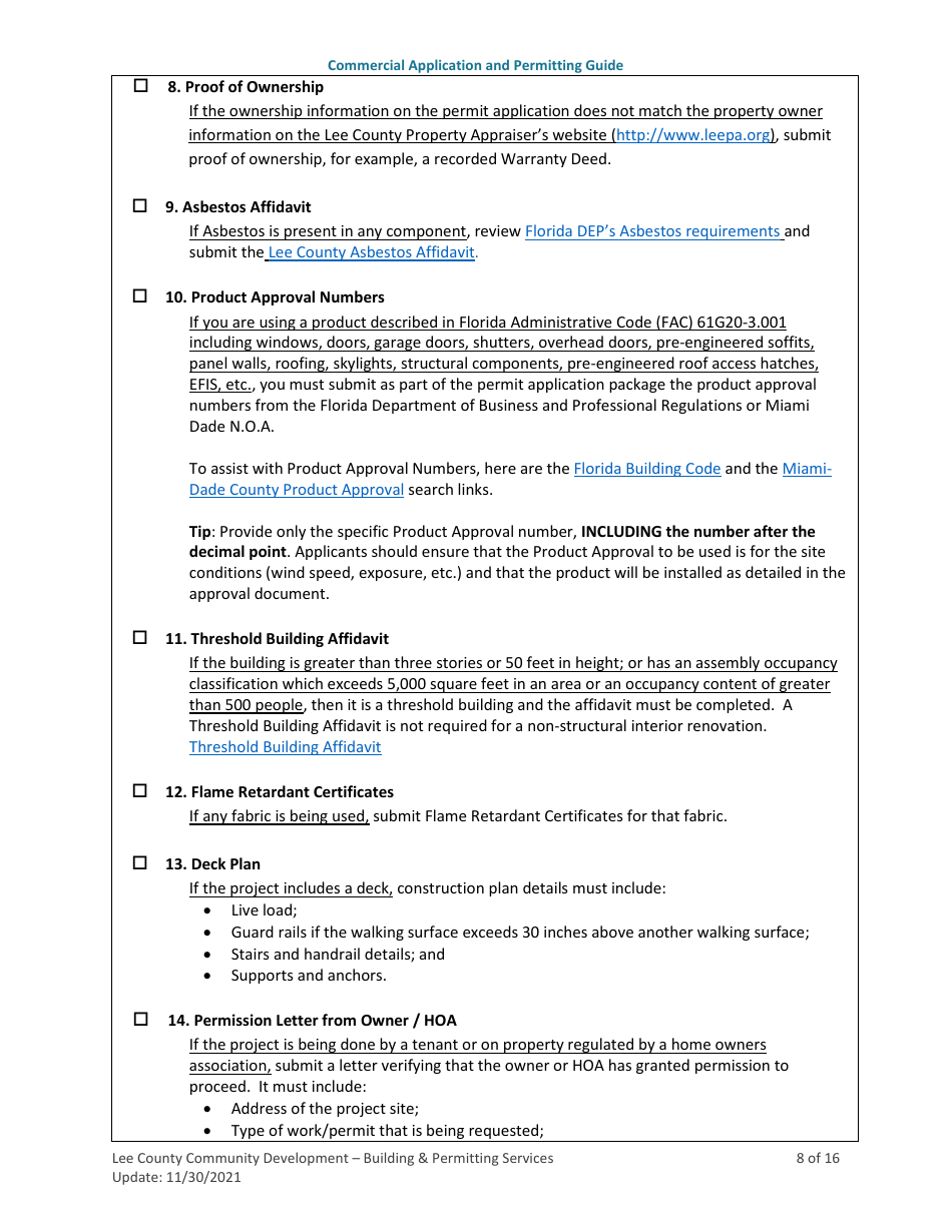 Commercial Building (New Construction, Alterations / Remodeling, Additions, Accessory Structures, and Modular) Application and Permitting Guide - Lee County, Florida, Page 8